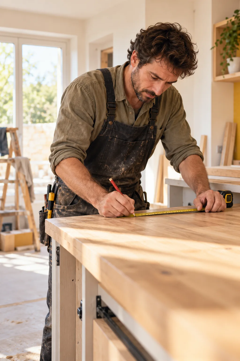 Artisan mesurant une pièce de bois dans son atelier