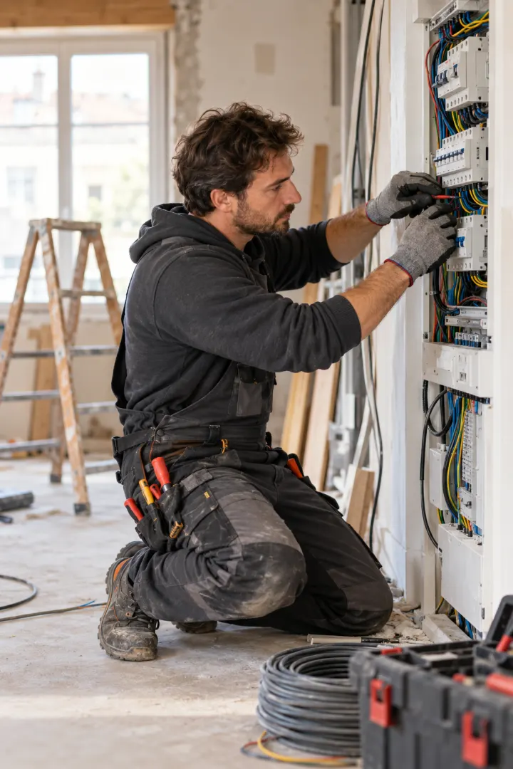 Électricien indépendant installant un équipement électrique