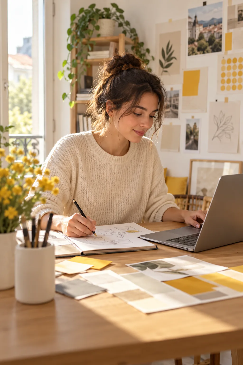 Graphiste freelance travaillant dans son bureau